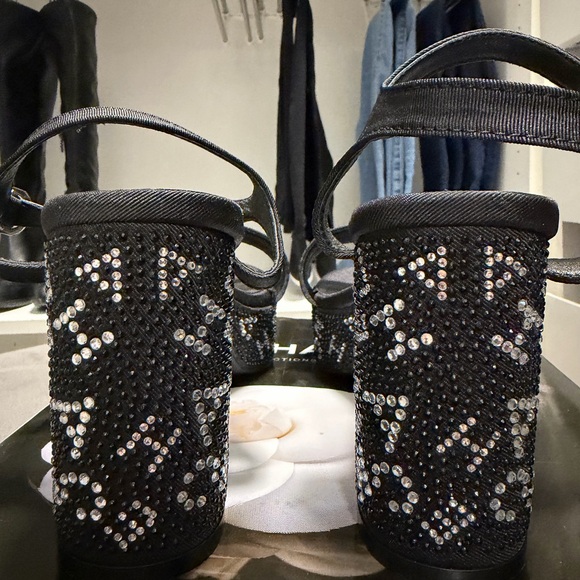 CHANEL Black Rhinestone Logo Heeled Sandals - Picture 5 of 12